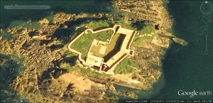 Google Earth image of Thorne Island Fort. Note ship wreck on E coast.