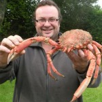Pete with large spider crab caught whilst snorkelling in Pembrokeshire