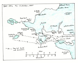 Map of the Dale Peninsula and its islands showing the track of the day sail